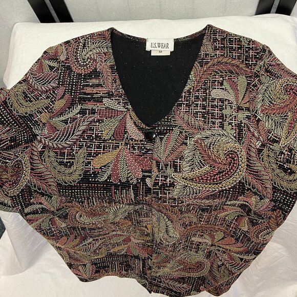 U.S. Wear Long Sleeve Paisley Metallic Side Slit Tunic Cardigan Black Tan Green - Picture 6 of 13